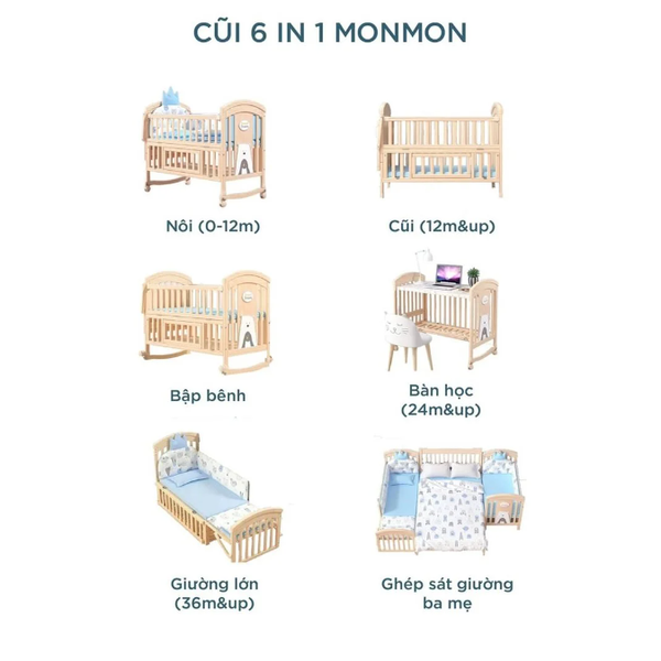  Cũi Gỗ MonMon 6 in1 - Màu Gỗ 