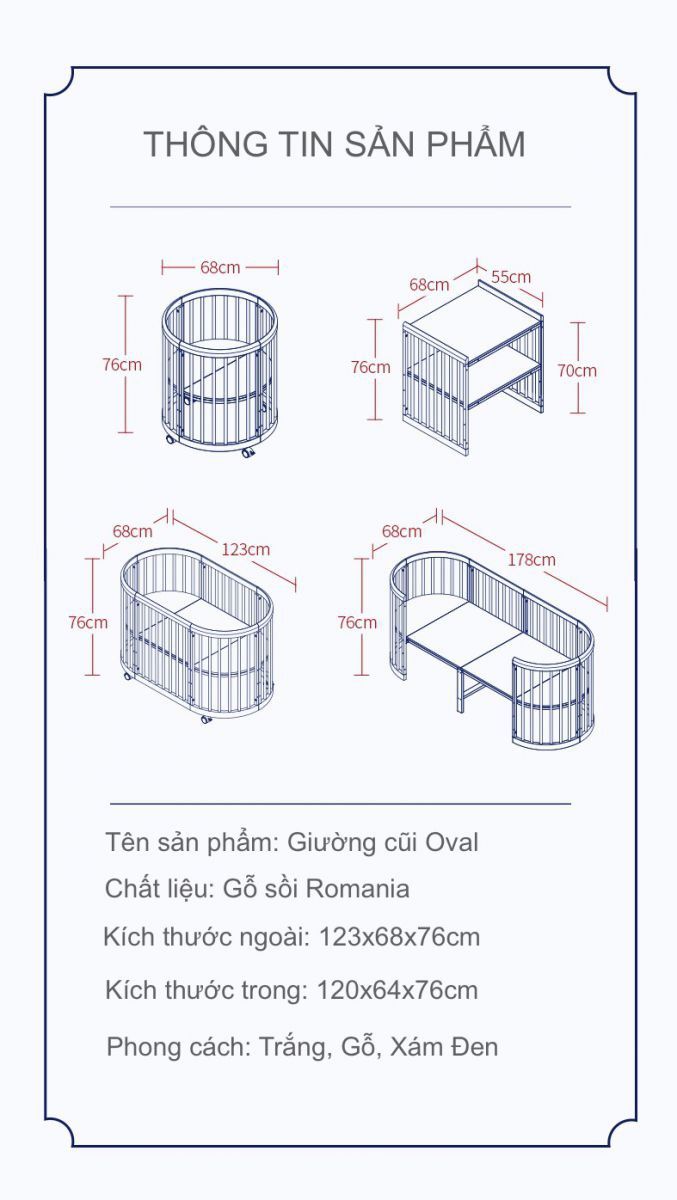  Cũi gỗ hình oval Monmon 6in1 