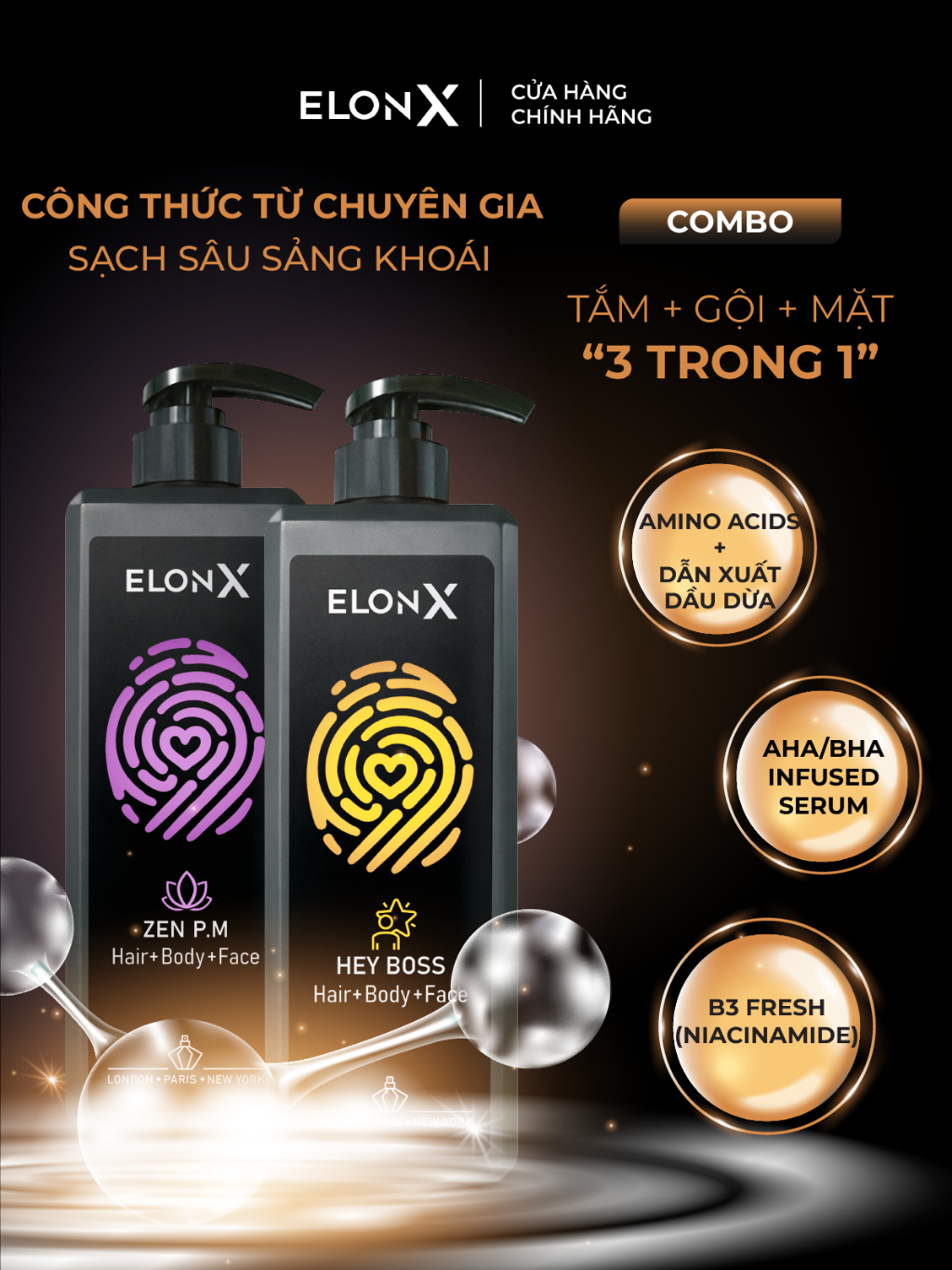 Combo 2 dầu gội ELONX 3 trong 1 cho nam - hương nước hoa - sữa tắm gội (bộ dầu gội nam 2 chai 680gr) (sáng tối)