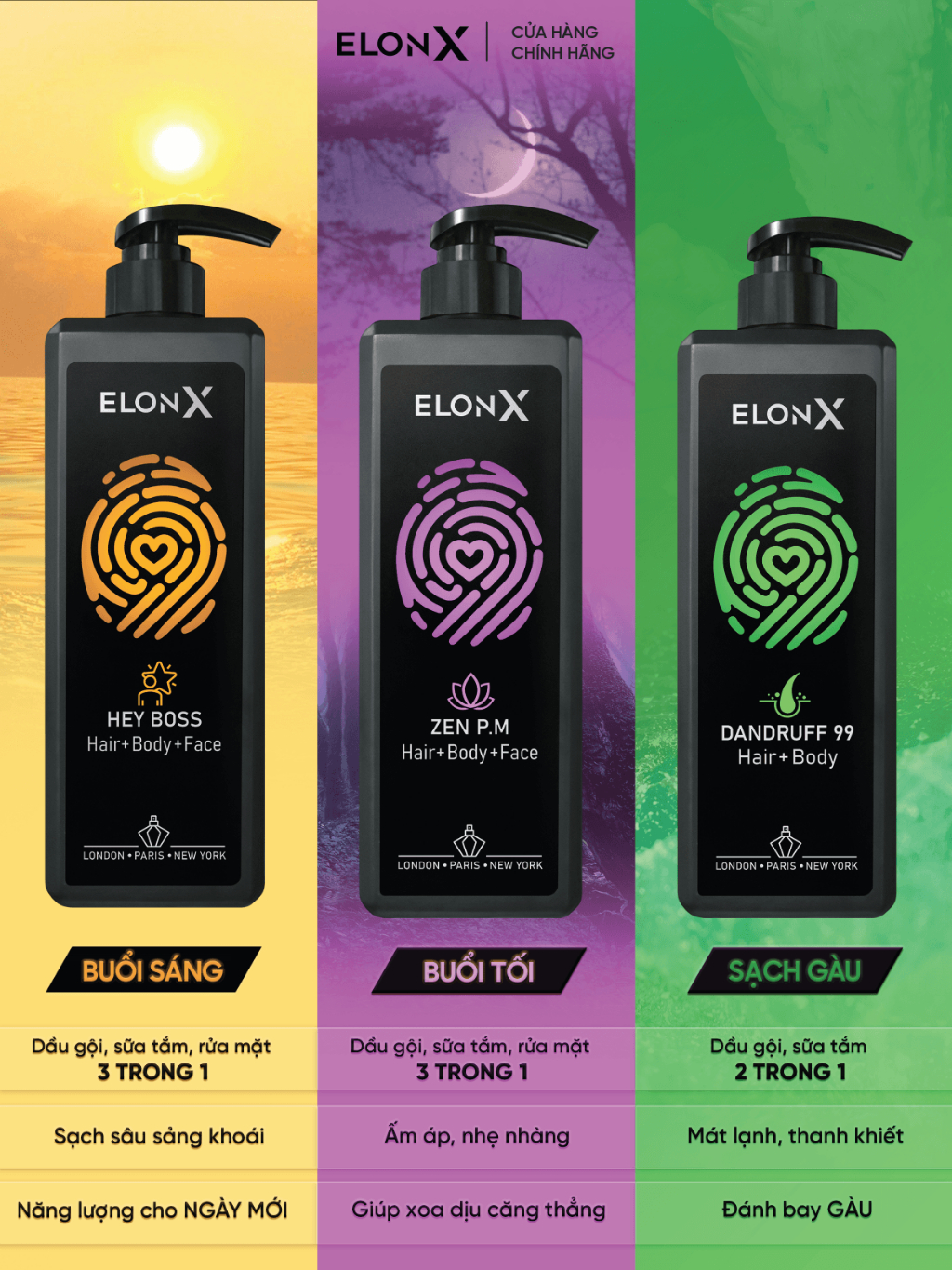 Combo 3 dầu gội ELONX 3 trong 1 cho nam - hương nước hoa - sữa tắm gội (bộ dầu gội nam 3 chai 680gr) (sáng tối sạch gàu)