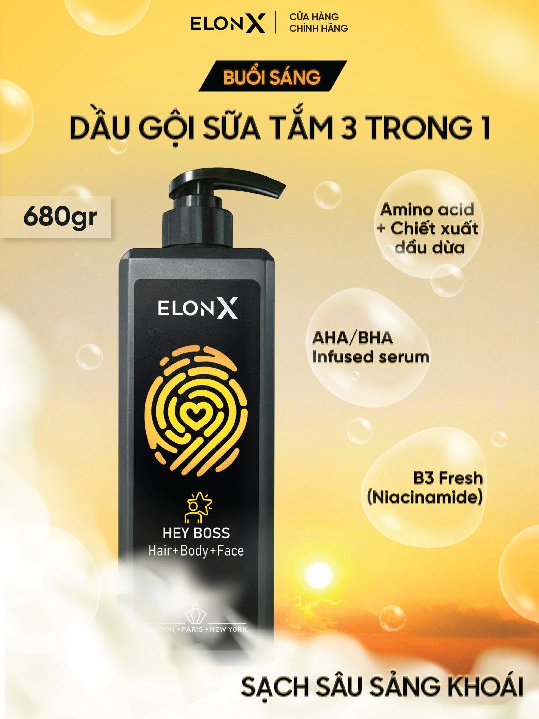 Dầu gội ELONX HEYBOSS 3 trong 1 cho nam - hương nước hoa - sữa tắm gội (sáng - 680gr)