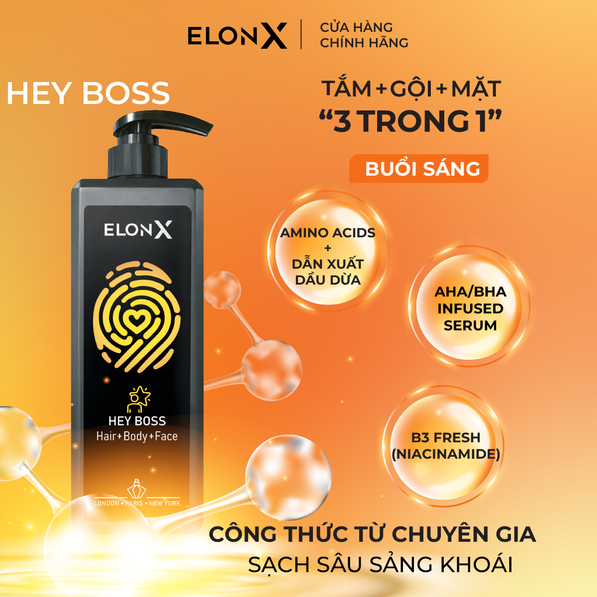 Dầu gội ELONX HEYBOSS 3 trong 1 cho nam - hương nước hoa - sữa tắm gội (sáng - 680gr) - Thùng 20 chai