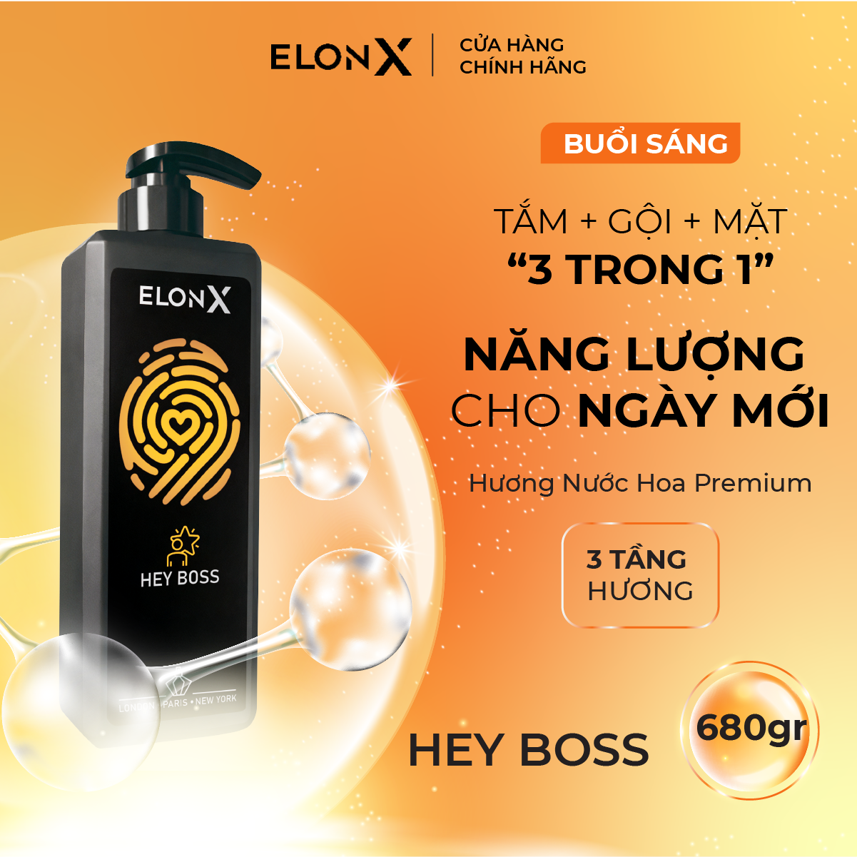 Dầu gội ELONX HEYBOSS 3 trong 1 cho nam - hương nước hoa - sữa tắm gội (sáng - 680gr) - Thùng 20 chai