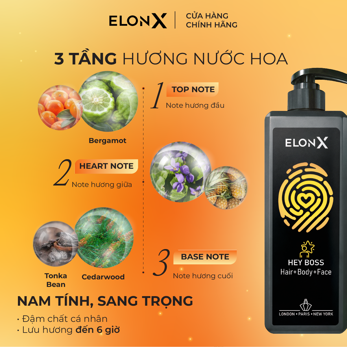 Dầu gội ELONX HEYBOSS 3 trong 1 cho nam - hương nước hoa - sữa tắm gội (sáng - 680gr) - Thùng 20 chai