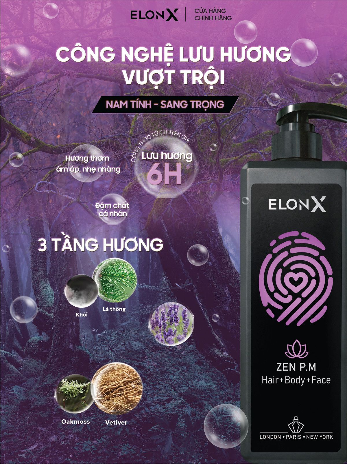 Dầu gội ELONX ZEN P.M 3 trong 1 cho nam - hương nước hoa - sữa tắm gội (tối - 680gr)
