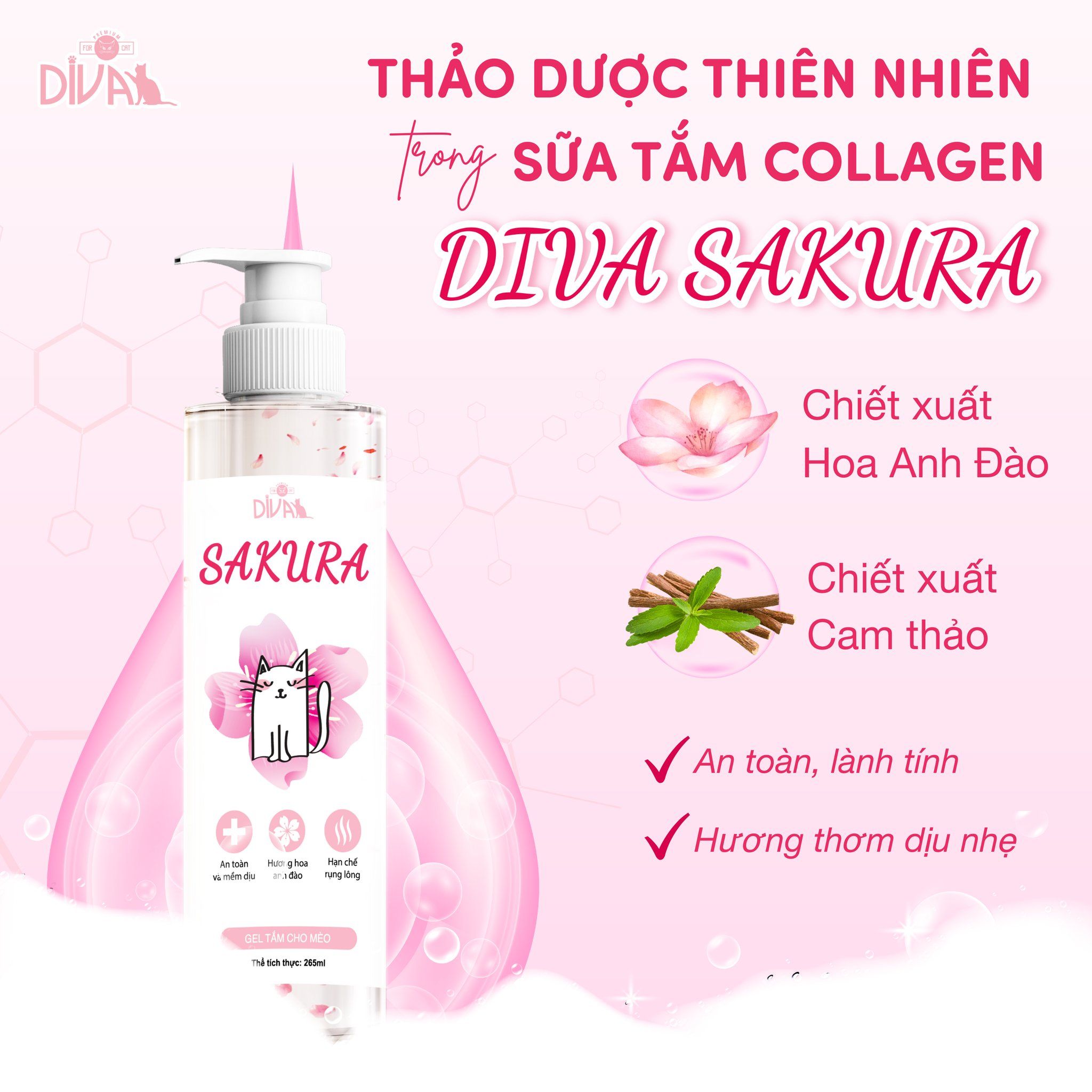  [MUA 1 TẶNG 2: 1 LÌ XÌ + 1 SẢN PHẨM DIVA] Sữa tắm mèo collagen anh đào DIVA Sakura 265ml 