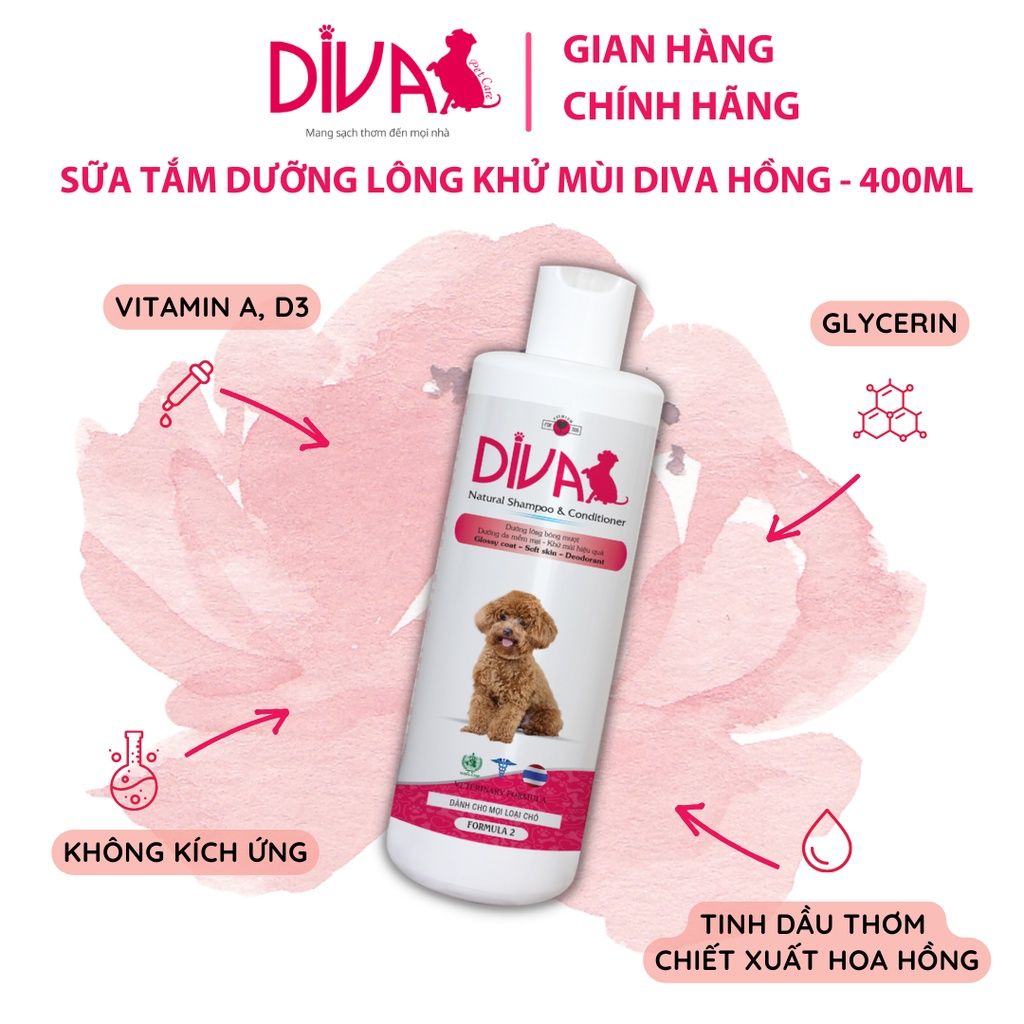  Sữa tắm chó dưỡng ẩm khử mùi DIVA Hồng 400ml 