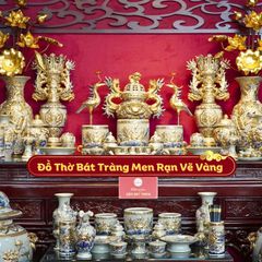 Bộ Đồ Thờ Gia Tiên Men Rạn Hoa Sen Vẽ Vàng