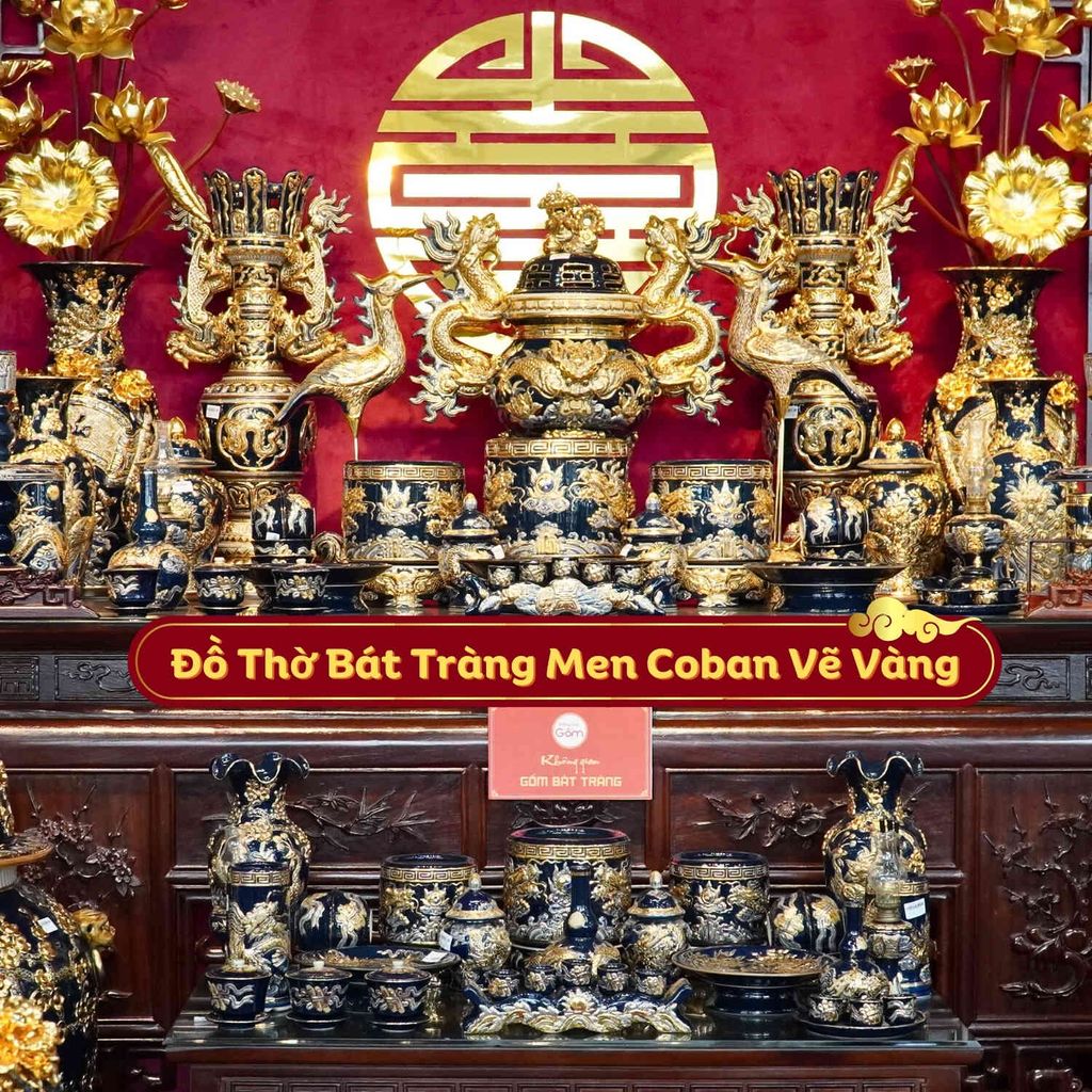 Bộ Đồ Thờ Gia Tiên Men Xanh Coban Vẽ Vàng