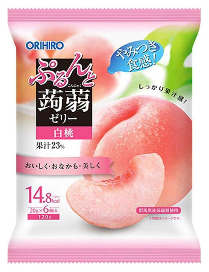 Thạch trái cây hương đào trắng Nhật Bản Orihiro (120g) (20g x 6 gói) ゼリー こんにゃくゼリー オリヒロ ぷるんと 蒟蒻ゼリー 白桃