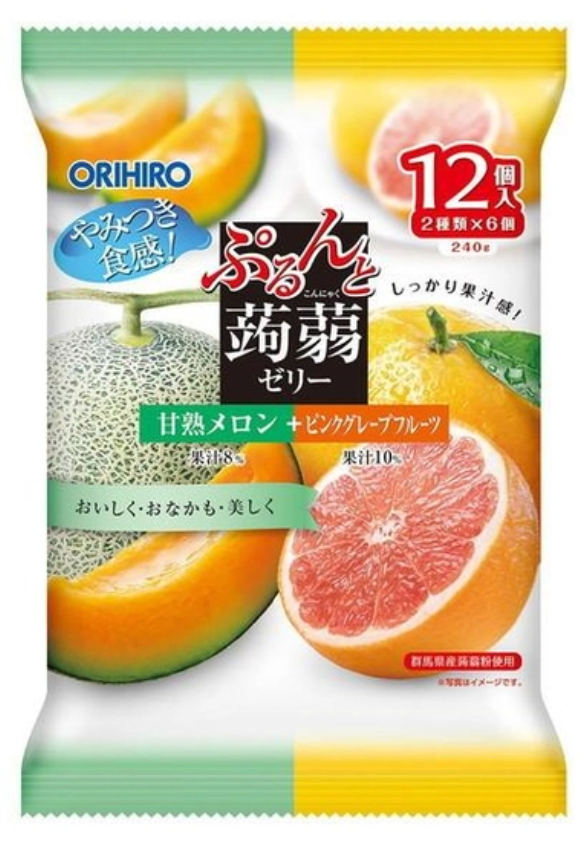 Thạch trái cây hương dưa lưới và bưởi hồng Orihiro (240g) (20g x 12 gói) ぷるんと蒟蒻ゼリーパウチ 甘熟メロン+ピンクグレープフルーツ