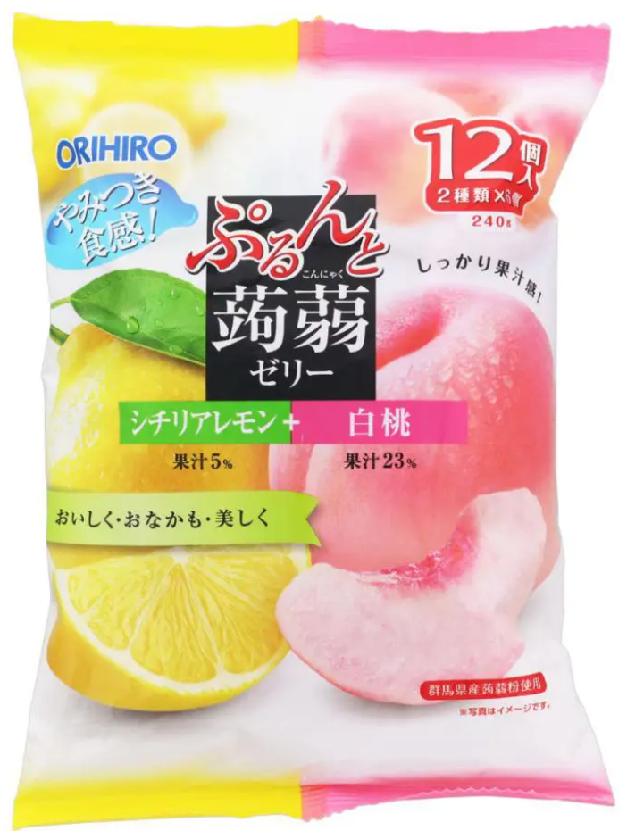 Thạch trái cây hương chanh và đào trắng Orihiro (240g) (20g x 12 gói) ぷるんと蒟蒻ゼリーパウチ シチリアレモン+白桃