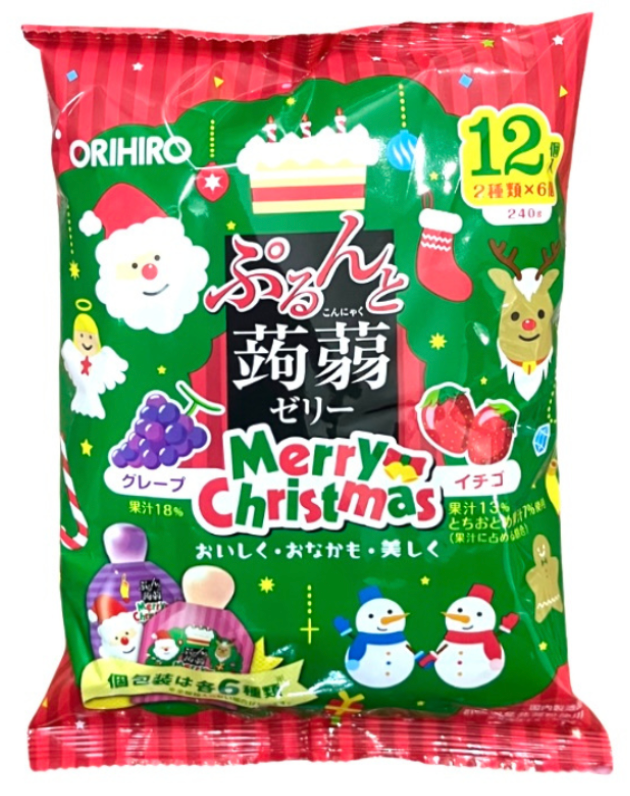 Thạch trái cây hương nho tím & dâu tây Orihiro (120g) (20g x 6 gói) クリスマス ぷるんと蒟蒻ゼリーパウチ グレープ+イチゴ 20g×12個入