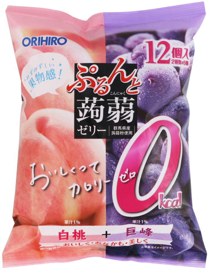 Thạch trái cây hương đào trắng và nho tím Orihiro (216g) (18g x 12 gói) ぷるんと蒟蒻ゼリーパウチ カロリーゼロ 白桃+巨峰