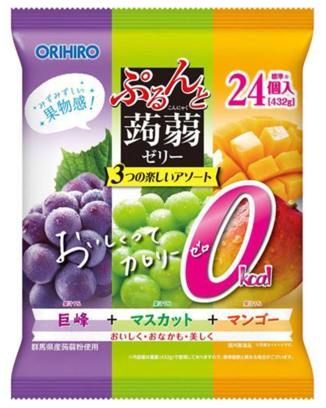 Thạch trái cây hương nho tím & nho xanh & xoài Orihiro (432g) (18g x 24 gói) ぷるんと蒟蒻ゼリーパウチ 大袋 カロリーゼロ 巨峰+マスカット+マンゴー. 写真を拡大