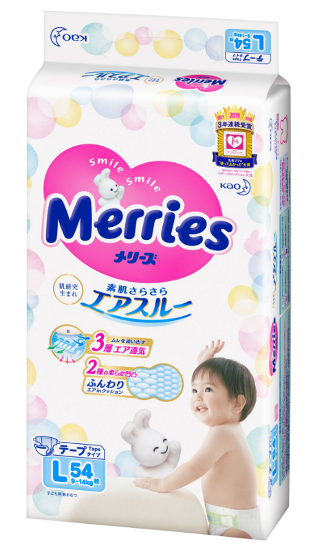 Tã dán Merries (Size L) (9~14kg) (54 cái) メリーズ さらさらエアスルー Lサイズ