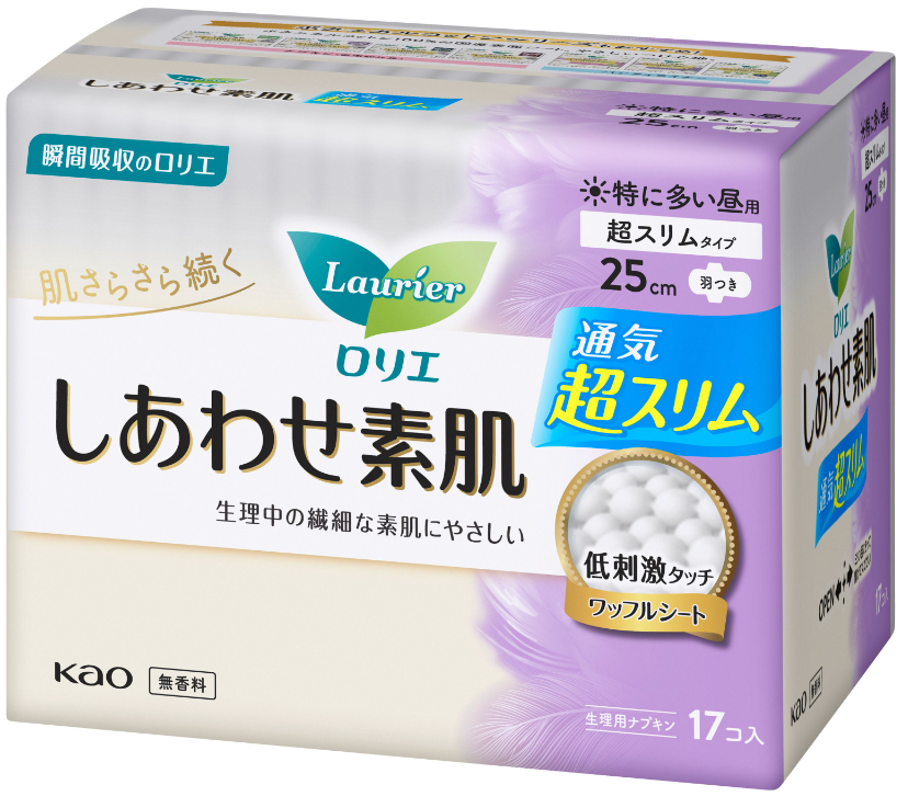 Băng vệ sinh siêu mỏng ban ngày Laurier Happy Skin (25cm x 17 miếng) 花王 ロリエ しあわせ素肌 通気超スリム 特に多い昼用25cm 羽つき 17コ