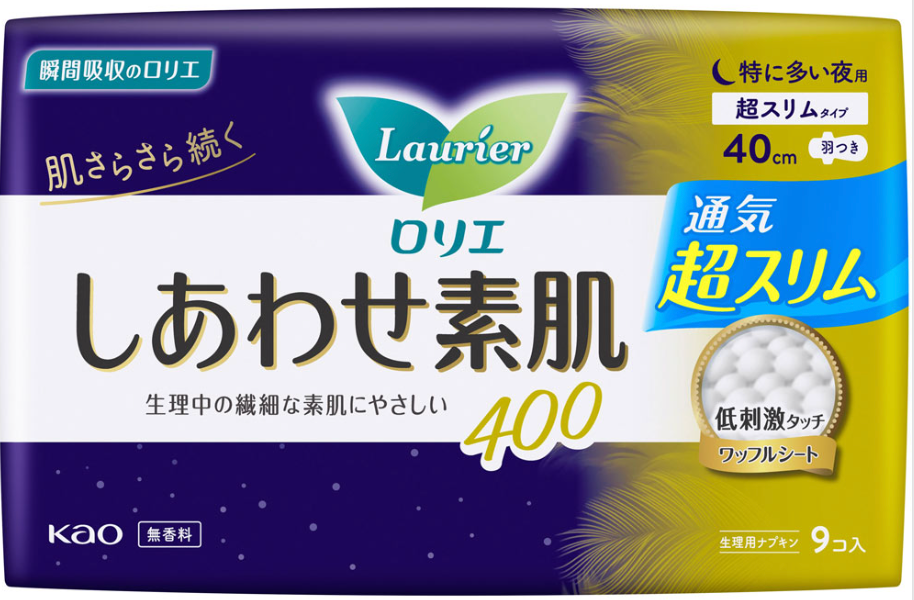 Băng vệ sinh siêu mỏng ban đêm Laurier Happy Skin (40cm x 9 miếng) ナプキン 特に多い夜用 羽つき 40cm ロリエエフ しあわせ素肌 超スリム