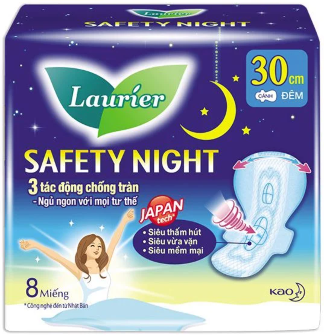 Băng vệ sinh ban đêm siêu chống tràn Laurier Safety Night (30cm x 8 miếng)