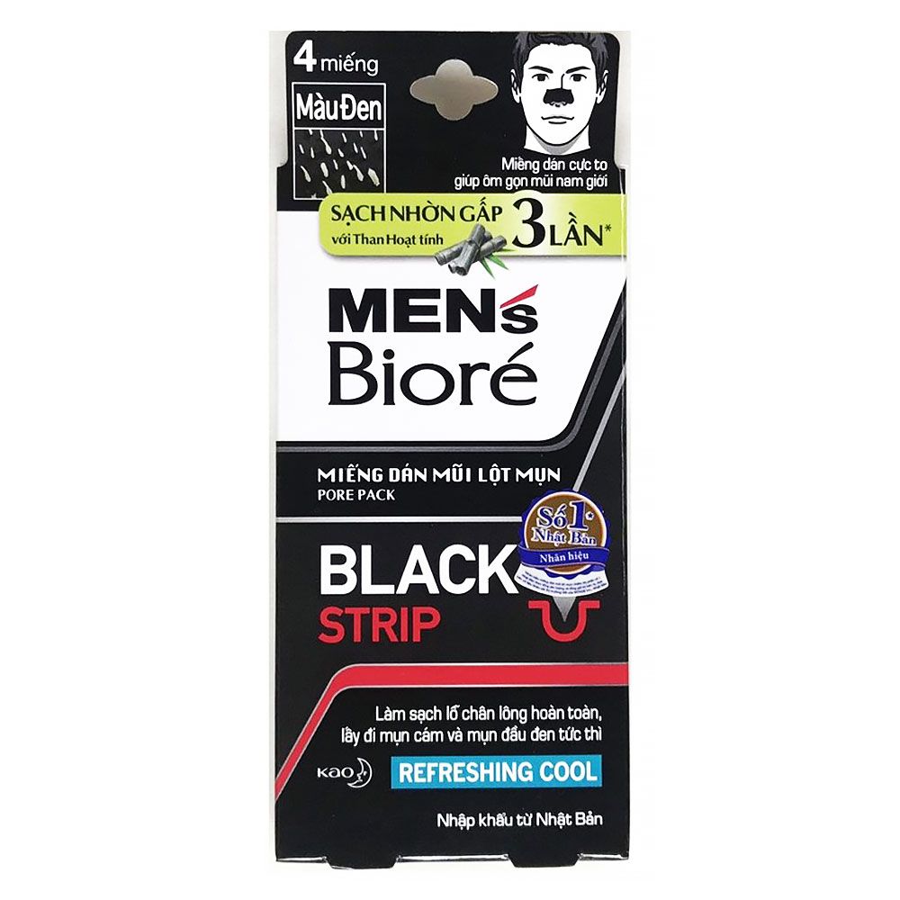 Miếng dán mũi lột mụn than hoạt tính cho nam Biore Pore Pack Black Strip Refreshing Cool (4 miếng)