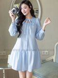 Đầm xanh tay dài phối nơ