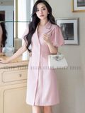 Đầm hồng cổ vest tay phồng