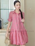 Đầm babydoll caro đỏ cổ sơ mi