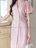 Đầm hồng cổ vest tay phồng