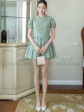 Đầm caro xanh cổ sơ mi