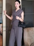 Set áo quần xám vạt xếp
