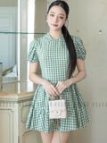 Đầm caro xanh cổ sơ mi