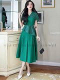 Set áo váy xanh lá tay phối nơ