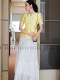 Set áo váy vàng cổ V