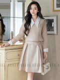 Set áo váy nude cổ phối trằng