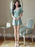 Đầm xanh mint tay phồng cúp ngực