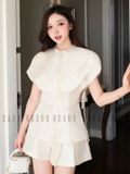 Set áo quần kem cổ xếp tầng