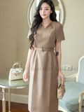 Đầm nâu tay xếp ly
