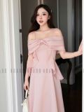 Đầm hồng 2 dây trễ vai