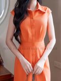 Đầm cam eo xếp ly