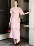 Đầm hồng cổ thuyền vạt xéo