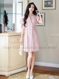 Đầm hồng cổ vest tay phồng