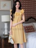 Đầm caro vàng phối cổ nhún