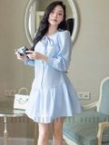 Đầm xanh tay dài phối nơ