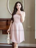 Đầm hồng cổ vuông xếp ly