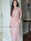 Set áo váy hồng tay hoa