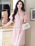 Đầm hồng cổ vest tay phồng