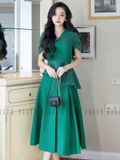 Set áo váy xanh lá tay phối nơ