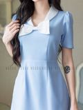 Đầm xanh cổ trắng đính nơ