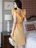 Đầm caro vàng phối cổ nhún