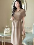Đầm nâu tay xếp ly